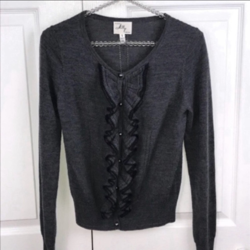 Milly Size Small Grey Ruffle Merino Wool Full Button‎ Cardigan